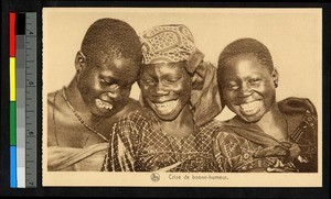 Three laughing women standing together, Congo, ca.1920-1940