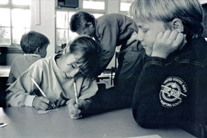 Kathmandu, Nepal, October 1991. Simon Engsig-Karup (right) attending Sunday school at the Inter