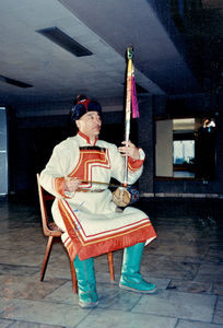 Mongolia 1995: Musician in traditional costume and with traditional instruments