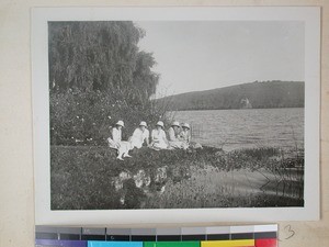 Five women missionaries sitting by the Andraikiba Lake, Antsirabe, Madagascar, ca.1928