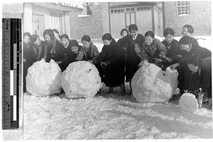 Girls playing in snow, Heijo, Korea, ca. 1940