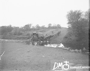 Donkey-drawn wagon crossing a river, Valdezia, South Africa, ca. 1896-1911