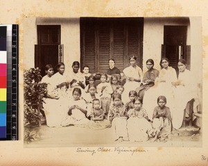 Portrait of women and girls in sewing class, Vizianagaram, India, ca.1885-1889