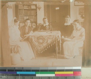 Deaconesses in their living room, Mangarivotra, Ambohipiantrana, Antsirabe, Madagascar, 1915-12-22