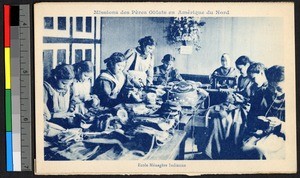 Young women stitching clothing indoors, Canada, ca.1920-1940