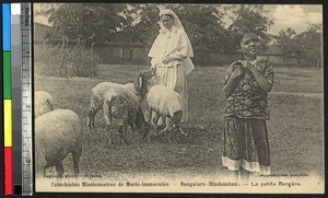 Young girl with her sheep and a missionary, Bengaluru, India, ca.1920-1940