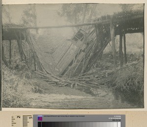 Bridge collapse caused by vehicle, Mihecani, Mozambique, ca.1925