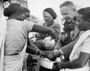 Mornai Tea Garden, Assam, North India, 1955. Welcome ceremony - with garlands and handwashing -