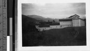 View of the countryside with buildings, Kaying, China, ca.1920-1940