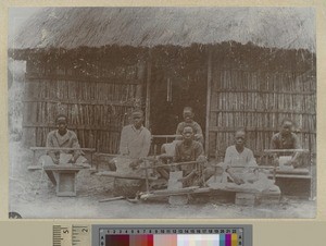 Bookbinders working outside, Livingstonia, Malawi, ca.1903