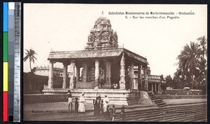 Nuns and indigenous people by a Pagoda, Hindustan, India, ca.1920-1940