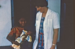 Bangladesh, clinic work. Nurse Ulla Bro Larsen with a mother and her baby