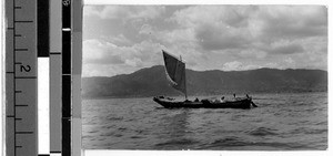 Two men in a sailboat on Lake Biwa, Japan, 1936