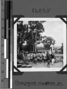 Bena youth marching to the church in Kidugala, Tanzania, 1938-1939