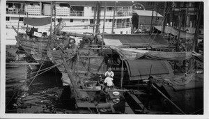 Junks in Hong Kong harbor, China, 1935