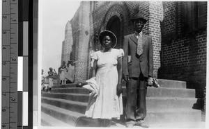 Couple outside a church on the day of their wedding, Africa, May 5, 1949