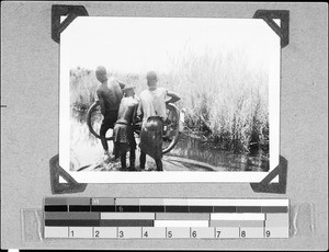 A motor-bike being carried across swampland, Ipanya, Tanzania, 1936