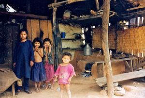 Fra en landsby i Nepal 1995. Børn foran ildstedet i familiens køkken