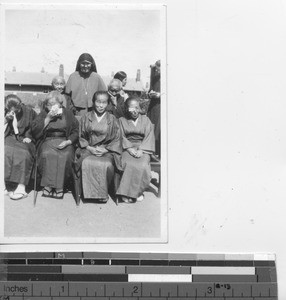 Sister Peter with elderly women at Dalian, China, 1932