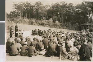 E. W. McMillan Praying at the Opening Ceremony of Ibaraki Christian College, Ibaraki, Japan, 1949