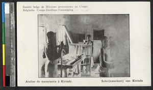 Men at carpentry shop, Kirinda, Congo, ca.1920-1940