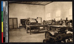 Clergy and men inside a printing press, Kakyelo, Congo, ca.1920-1940