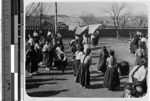 Girls in school yard, Peng Yang, Korea, ca. 1920-1940