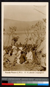 Congregation sitting by a lake, Rwanda, ca.1920-1940