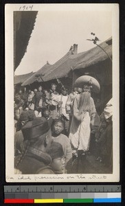 Procession carrying a religious statue down a street, Jiangsu, China, ca.1905