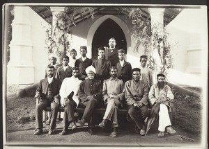 Group of christians in front of the church in Kotagiri at the time of the Harvest Festival. Kotagiri. 1911