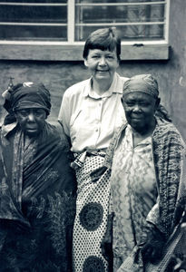 Bushangaro, Karagwe Diocese, Tanzania, 1989. Gudrun Vest with Maria and Magdalene, the two old