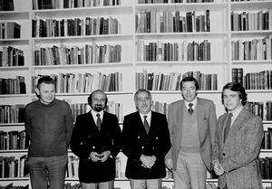 Besøg hos DMS i Danmark, 1980. Fra venstre: Generalsekretær Knud Sørensen, DMS - Generalsekretær Gabriel Habib, MECC - Direktør for kommunikation, Camel Kostandi, MECC - Direktør for kommunikation, Marc Chambron, LWF - Missionssekretær Leif Munksgaard, DMS