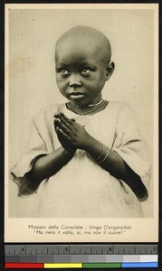 Girl poses as if in prayer, Iringa, Tanzania, ca.1920-1940