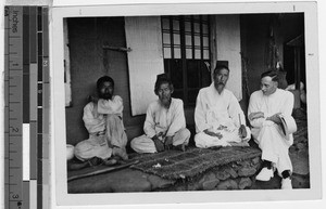 Father Nolan and three old men, Kosai, Korea, ca. 1920-1940