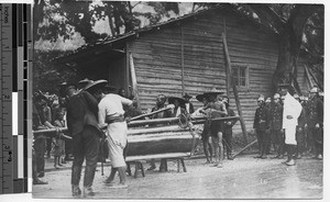 Pallbearers prepare to carry coffin for funeral, Hong Kong, China, ca.1920