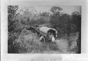 Ox-drawn wagon crossing a river, Valdezia, South Africa, November 1886