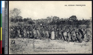 Indigenous men ready for war, Central African Republic, ca.1900-1930