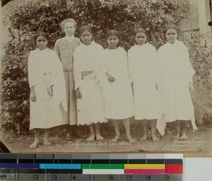 Karen Schaanning and five confirmants, Faravohitra Girls' School, Antsirabe, Madagascar, 1925