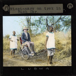 Missionary on Trek in Bush Car, Lubwa, Zambia, ca.1905-ca.1940