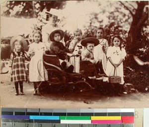 Bertha Johanne Jensenius together with four of her children and three other missionary children, Madagascar, ca.1906