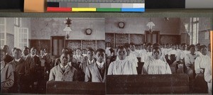 Male and female students sitting in a classroom at Adams College, KwaZulu-Natal, South Africa, ca.1915-1925