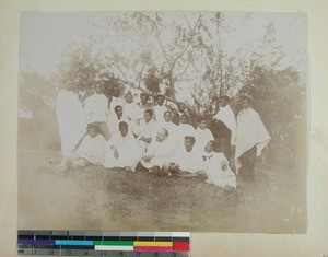 Students in the Isoraka gardens together with Lars Meling and pastor Rabeony, Antananarivo, Madagascar, ca.1902