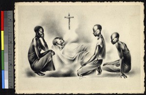 Artistic rendering of a Christian deathbed scene, Congo, ca.1920-1940