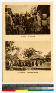 Community gathered for music and near a church, India, ca.1920-1940