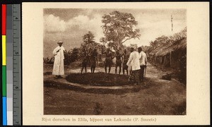 Missionary father standing with others around a plot of rice, Congo, ca.1920-1940