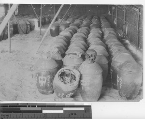 Human bones in jars at Shantou, China, 1931