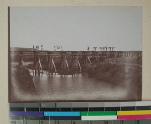 Traveling over a wooden bridge, Madagascar, 1901