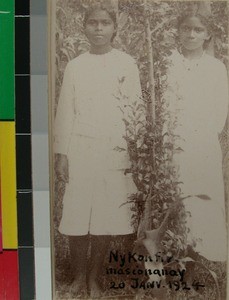 Soarivahoaka and Razafindrahasy, two confirmants, Antsirabe, Madagascar, 1924