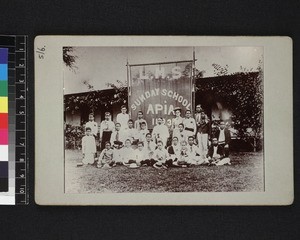 Group portrait of Sunday School students with teachers, Samoa, 1893