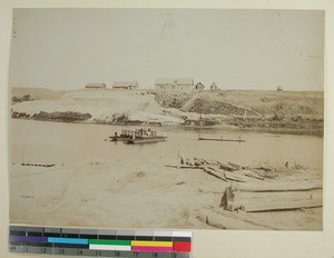 Ferry crossing the Ikopa River with a new road in the background, Tanjombato, Antananarivo, Madagascar,ca.1900